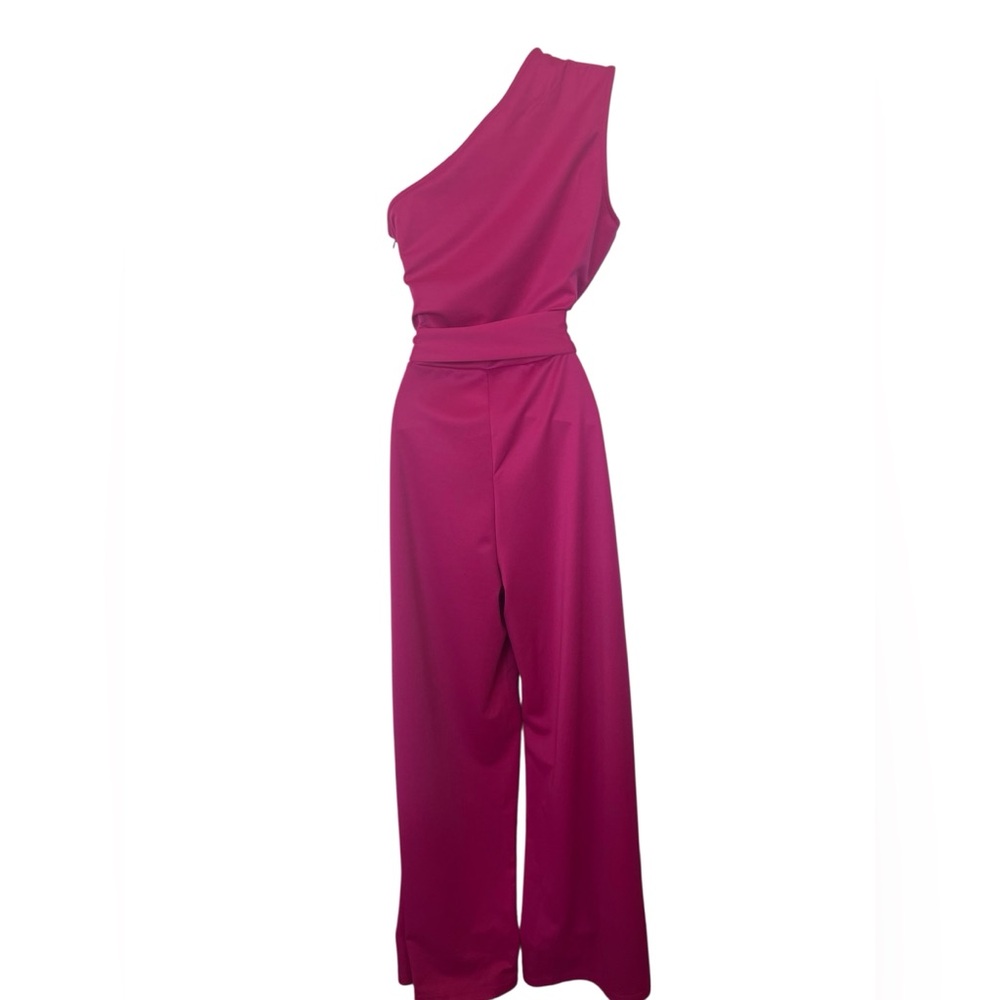 🆕 💖 NWOT One-Shoulder Hot Pink Belted Jumpsuit | Wide Leg | Women’s Medium - Picture 6 of 10